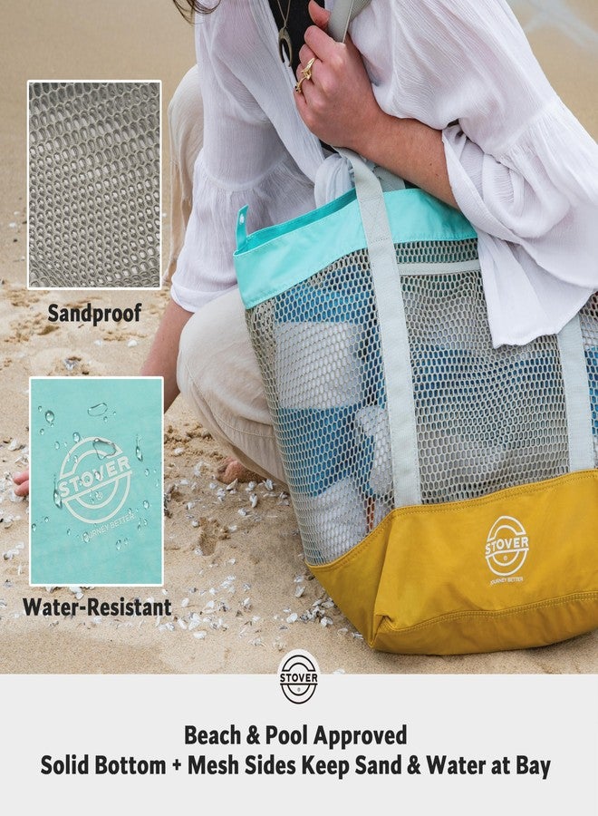 STOVER Extra Large Mesh Nylon Beach Bag- Vacation, Pool, Shopping, Toy, & Travel Tote- Foldable w/Storage Pouch & Pockets for Women, Men & Families - Heavy-Duty and Water-Resistant (Yellow/Teal) - Image 3